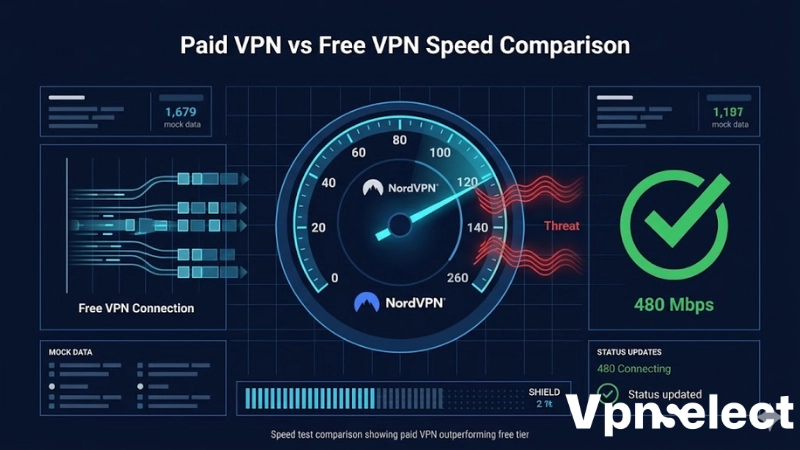 VPN Speed Test 2026: NordVPN paid vs free comparison infographic