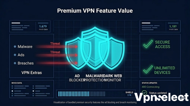 Best Paid VPN in 2026: Visualization of bundled security features like ad blocking and breach monitoring