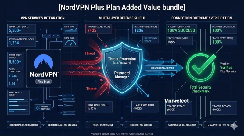 NordVPN bundle visualization showing Plus plan features like Threat Protection.