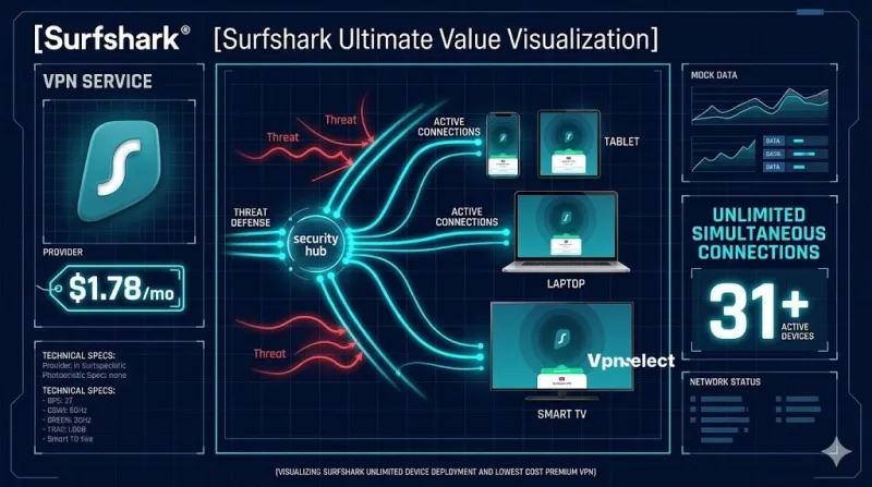 Surfshark VPN deal visualization highlighting lowest price and unlimited devices.
