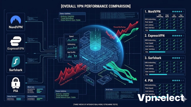 Performance dashboard comparing NordVPN ExpressVPN Surfshark PIA on Apple TV.