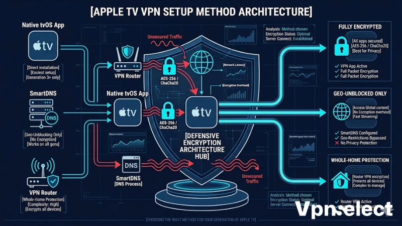 Technical diagram comparing Native tvOS App, SmartDNS, and Router VPN setups.