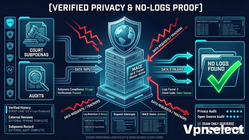 PIA VPN court-verified no-logs policy and open-source code visualization.