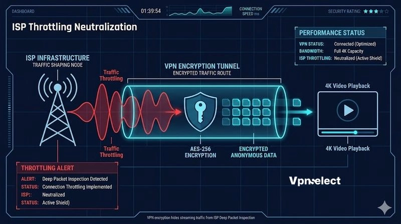 How a VPN defeats ISP throttling for IPTV streaming using encryption.