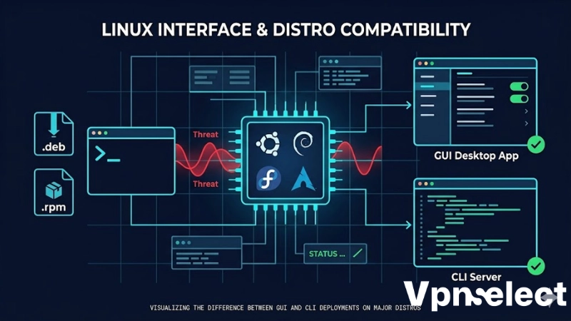 Infographic comparing Linux VPN Graphical User Interface vs Command Line Interface on distros.