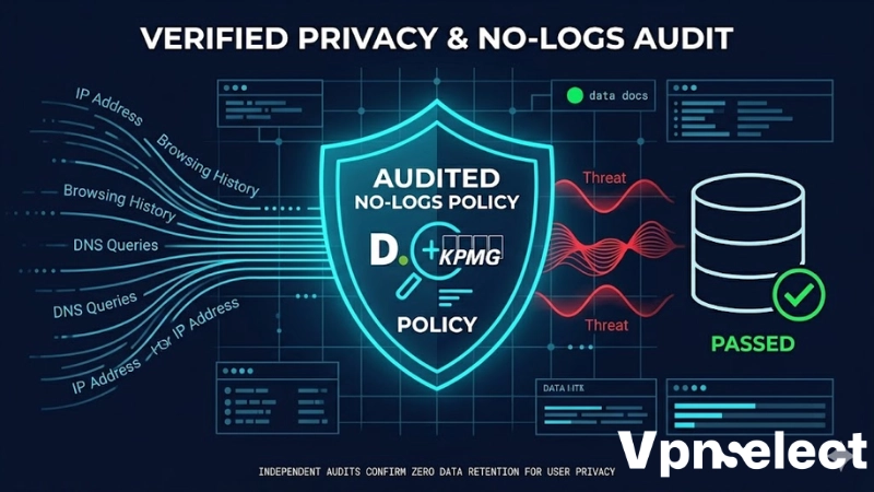 Visual concept of audited VPN no-logs policy and secure data tunneling for privacy.
