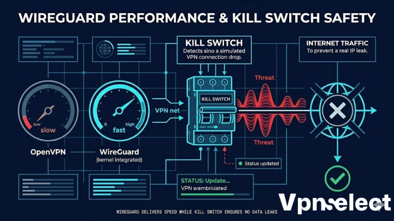 Technical diagram of WireGuard protocol speed and VPN Kill Switch mechanism on Linux.