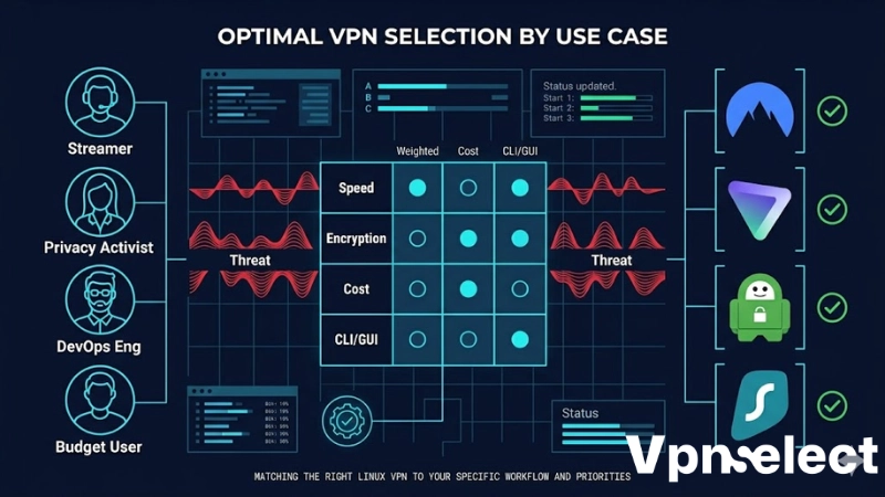 Summary infographic of best Linux VPNs selected by specific user use cases.