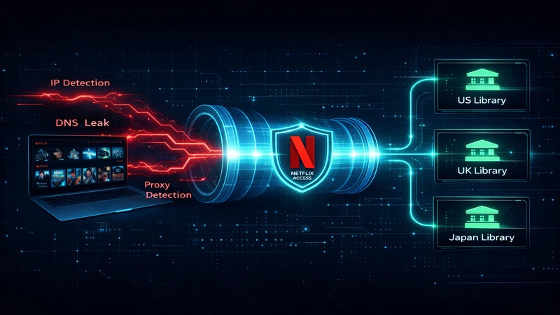 VPN tunnel bypassing Netflix proxy detection and unlocking global libraries
