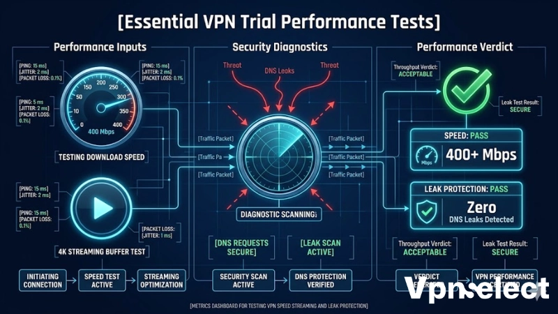 Dashboard showing VPN performance tests for speed, streaming, and IP leaks.