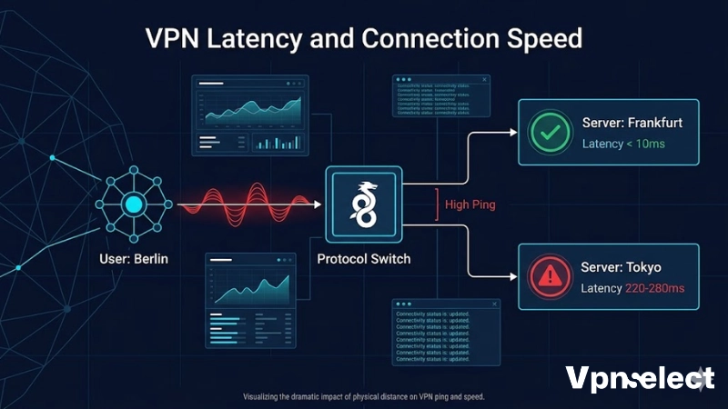 Infographic comparing VPN latency between a local server (Frankfurt) and a distant server (Tokyo).