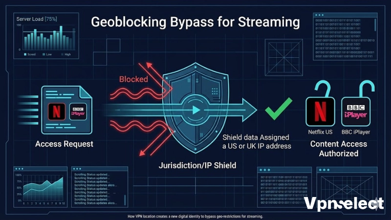 Diagram showing how dynamic IP assignment by a VPN unlocks US Netflix and BBC iPlayer.