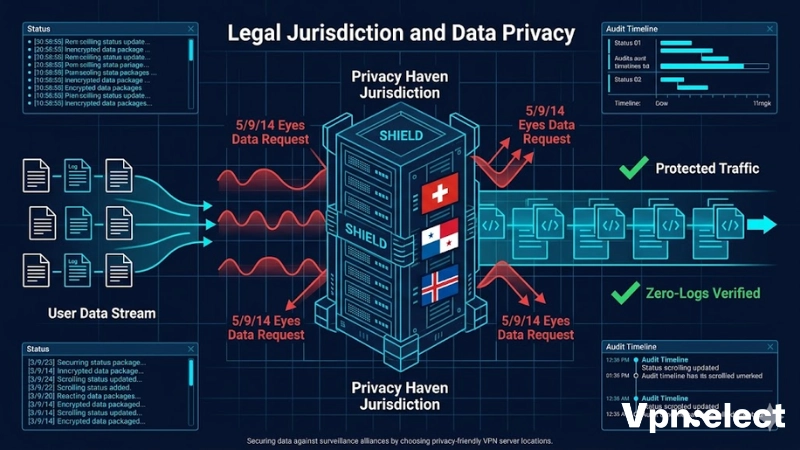Infographic showing VPN servers in Switzerland and Panama protecting data from surveillance alliances.