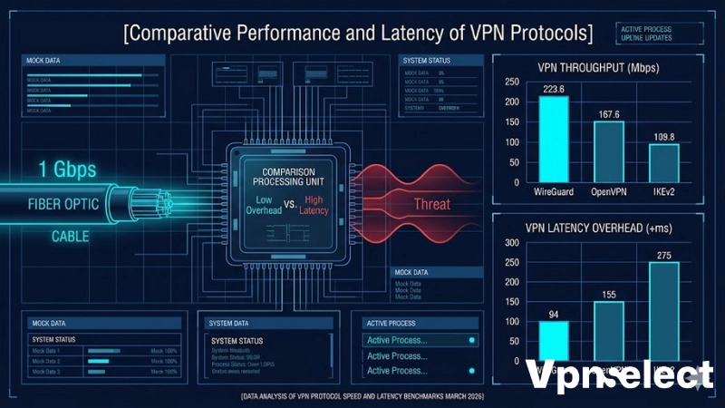 Infographic dashboard comparing VPN protocol speed in Mbps and latency in ms (2026 data)