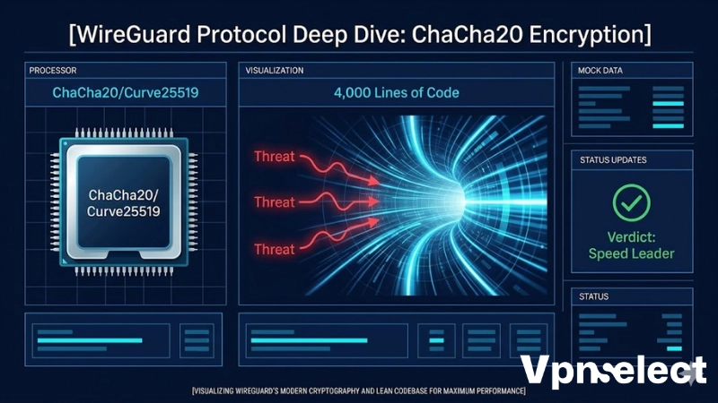Technical infographic illustrating WireGuard VPN protocol's ChaCha20 encryption and lean codebase.