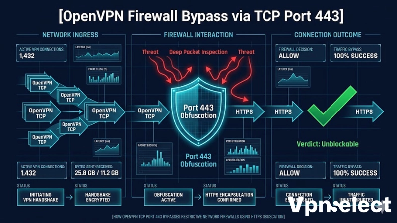 Diagram showing how OpenVPN TCP on port 443 bypasses DPI firewalls by disguising as HTTPS.