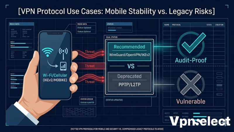 Infographic comparing IKEv2 mobile switching stability against insecure legacy protocols like PPTP.