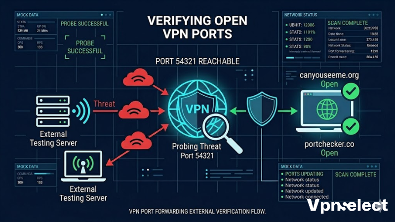 Infographic outlining the step-by-step VPN port forwarding verification process.