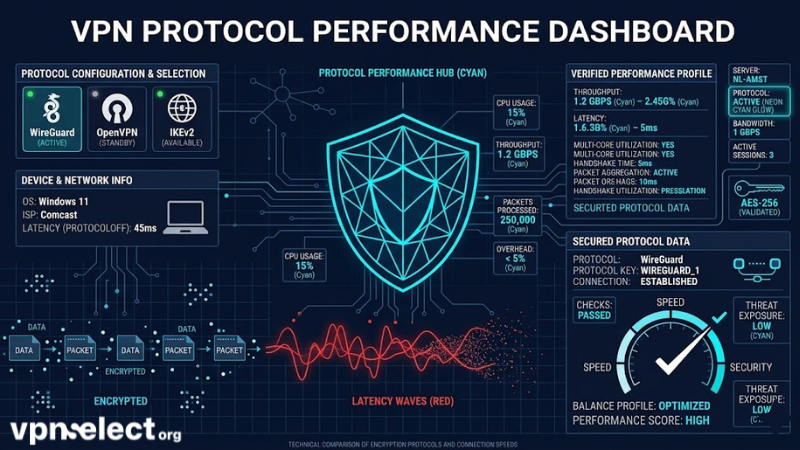 Comparison of VPN protocols speed and security performance.