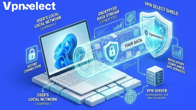 Windows laptop with secure VPN tunnel