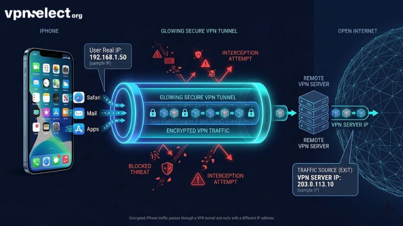 Diagram showing iPhone VPN tunnel masking the user IP with a server IP