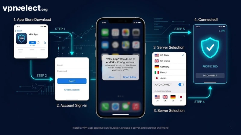 iPhone VPN app setup flow with download, permission, server selection, and connect