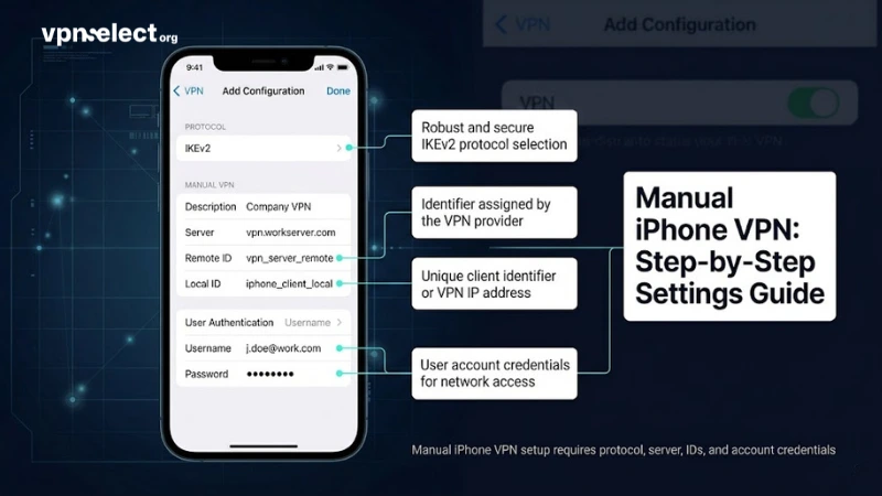 Manual VPN setup screen on iPhone showing IKEv2 or IPsec configuration fields