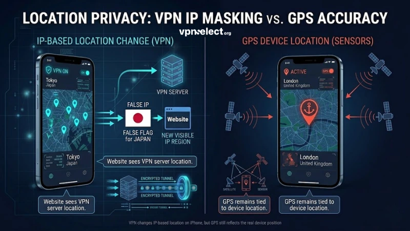 Comparison of VPN IP location change versus GPS location on iPhone