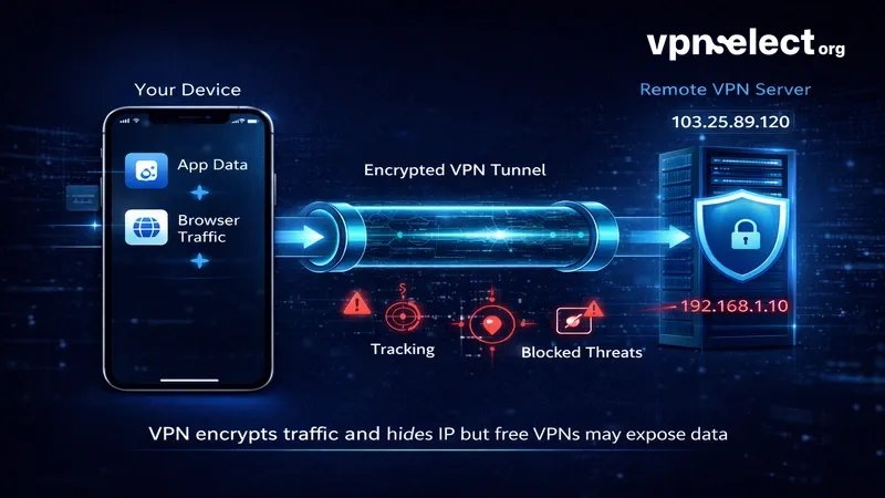 VPN data flow diagram showing encrypted tunnel and IP masking process