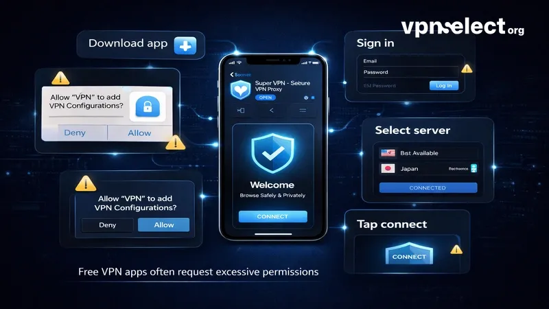 iPhone VPN app installation flow with permission request warnings