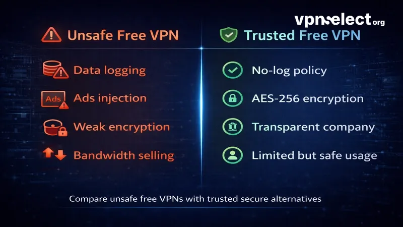Comparison chart showing unsafe vs safe free VPN features and risks