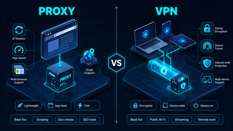 Proxy vs VPN side-by-side comparison showing app-level rerouting versus device-wide encrypted tunnel.