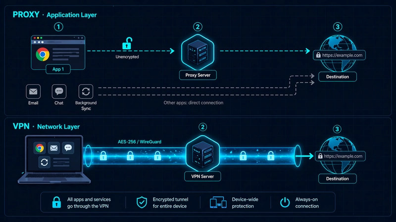 How a proxy reroutes single-app traffic versus how a VPN encrypts all device traffic through a tunnel.