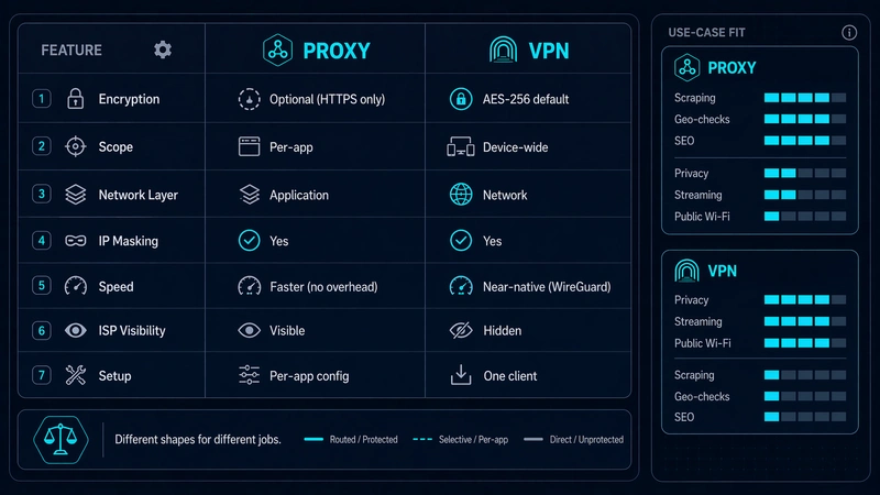 Proxy vs VPN feature comparison table covering encryption, scope, speed, and ISP privacy.