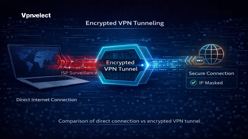 How a VPN hides your IP address by routing traffic through an encrypted tunnel.