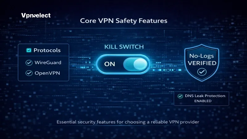 Essential features of a secure VPN including Kill Switch and No-Log policy.