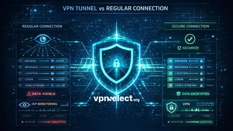 Data visibility comparison, VPN tunnel protecting packets from ISP surveillance