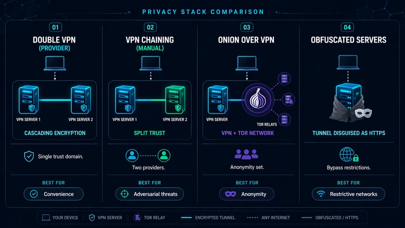 Comparison diagram of Double VPN, VPN chaining, Onion over VPN, and obfuscated servers privacy architectures