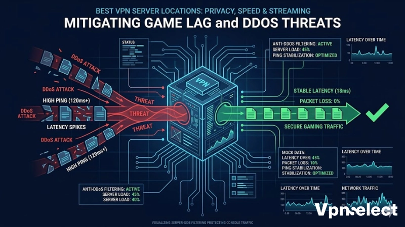 Infographic showing a VPN protecting an Xbox console from lag and DDoS attacks.