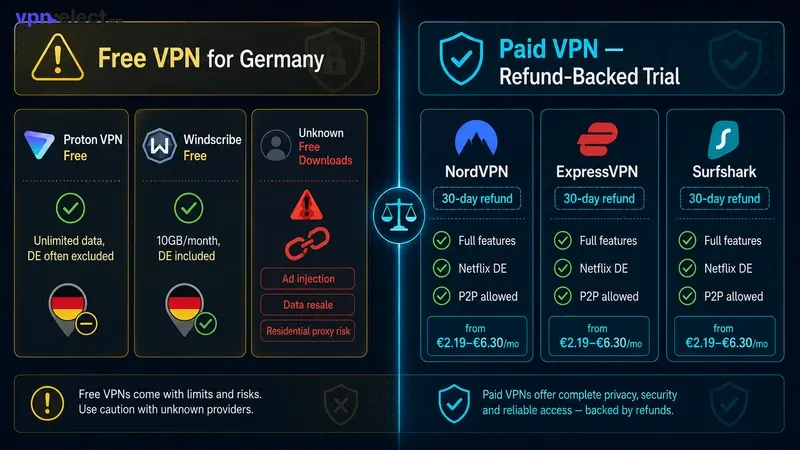 Comparison of safe vs risky free VPN options with security badge icons